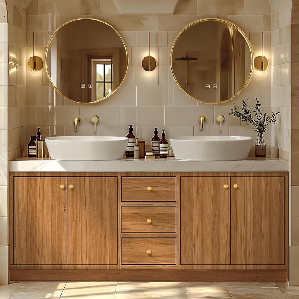Bathroom Vanity - Modern Bathroom Vanity with Double Sinks Includes Solid Wood Cabinet & Round Mirror|American Country Style,Large Storage Space(80IN)