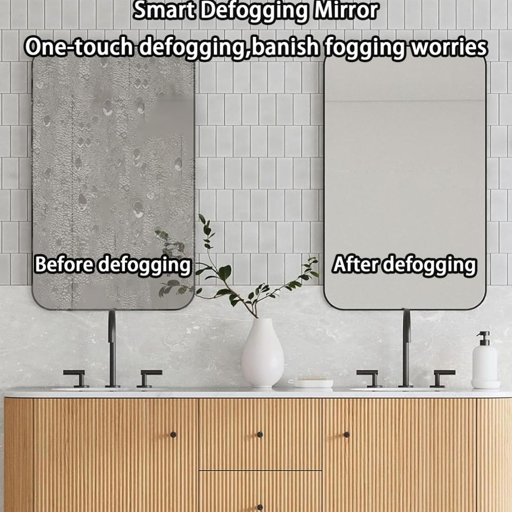 94IN Bathroom Vanity - Modern Bathroom Vanity with Anti-Fog Mirror Cabinet, One-Touch Defog & Lighting, Solid Wood Sink Cabinet with 3 Drawers & 2 Doors, No Assembly Required, Wood