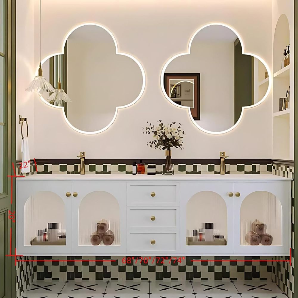 68 inch Double Sink Bathroom Vanity - Wall-Mounted Bathroom Vanity Cabinet with Anti-Fog Mirror, Seamless Basin, Unique Mirror Shape, Solid Wood, Fully Assembled, White