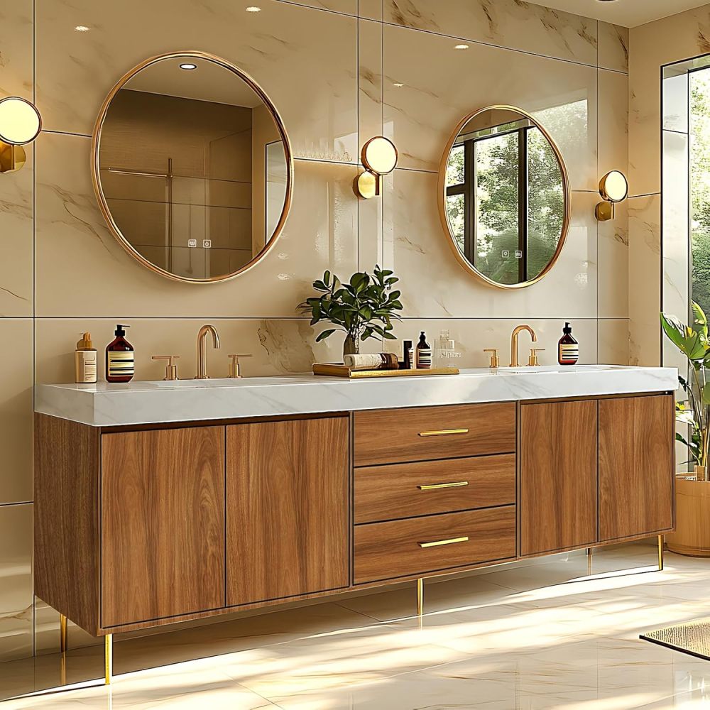 Bathroom Vanity - Retro Bathroom Vanity with Double Sinks Includes Symmetrical Cabinet & Round Mirror|Log Style,Exquisite Handle,LED Smart Defog Mirror(92IN)