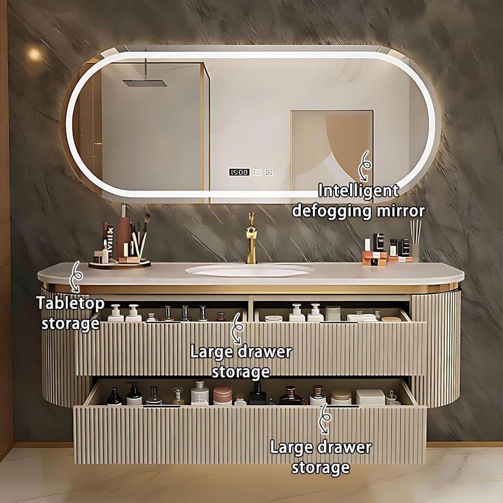 88IN Bathroom Vanity - Modern Bathroom Vanity with Smart Defog Mirror, Floating Sink Cabinet with 3 Drawers & Seamless Sink, No Assembly Required, Grey- Mirror