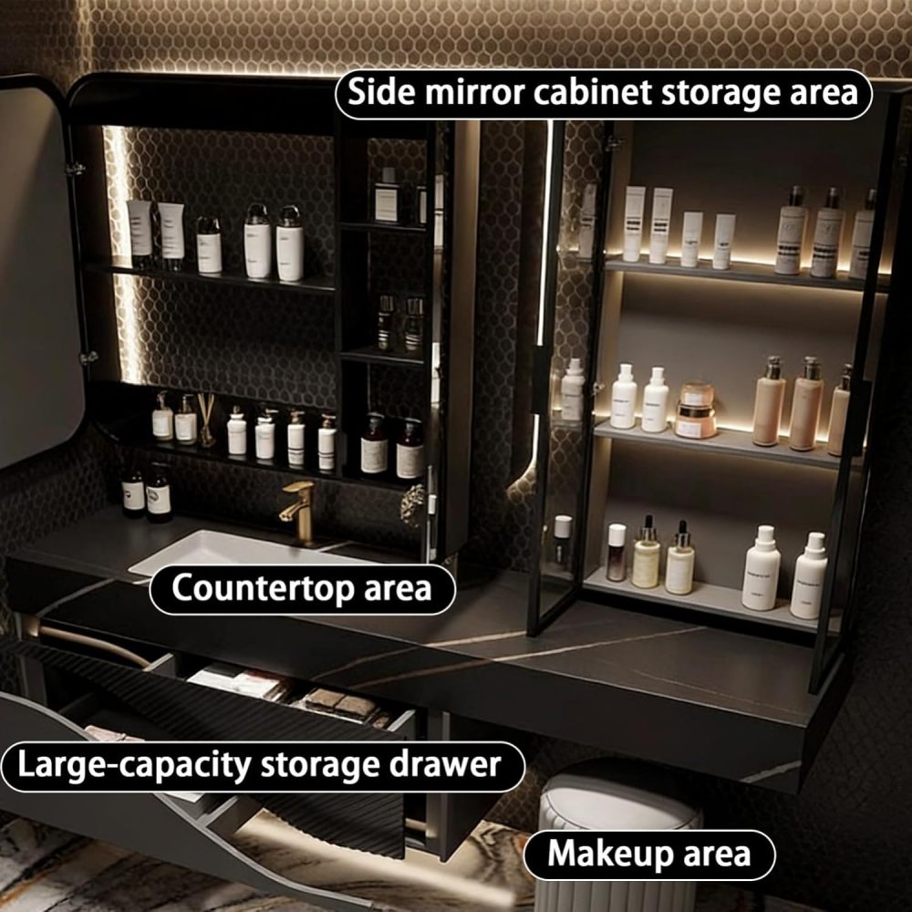 102IN Double Sink Bathroom Vanity - Luxury Bathroom Vanity with Smart Defog Mirror & 2 Drawers, One-Touch Defog, Floating Sink Cabinet with Storage, No Assembly Required, Black