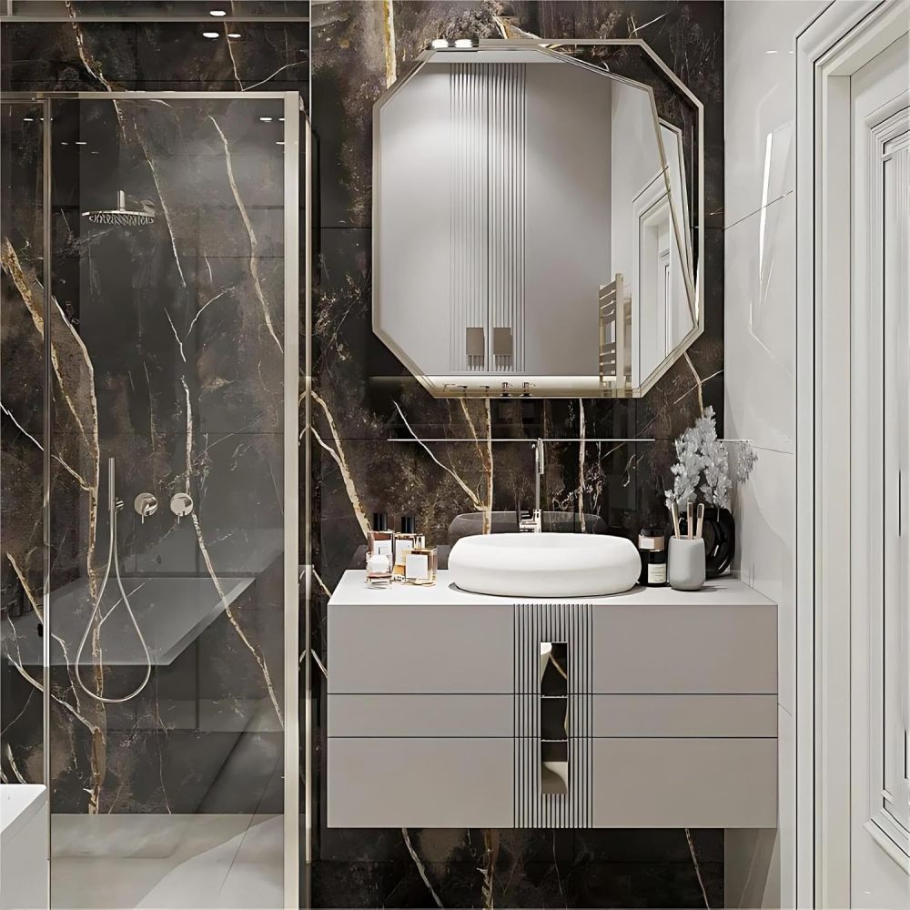 104IN Bathroom Vanity - Modern Bathroom Vanity with Smart Defog Mirror & 3 Drawers, One-Touch Defog & Lighting, Floating Sink Cabinet with Seamless Sink, No Assembly Required, Grey - Mirror