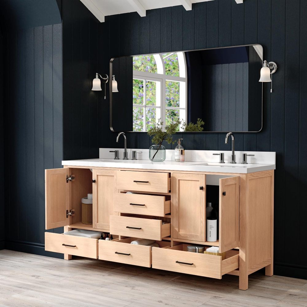ARIEL Double Bathroom Vanity 73 inch White Oak with Rectangle Sink, 1.5 inch Edge Pure White Quartz Countertop & Backsplash, 4 Soft Closing Doors, 6 Full Extension Dovetail Drawers, Matte Black
