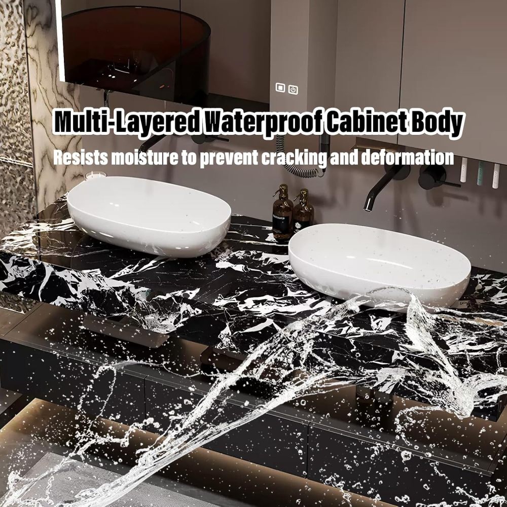 54IN Double Bathroom Vanity with Sink - Floating Bathroom Vanity Set | Includes LED Smart Defogging Mirror Cabinet & 2 Tabletop Ceramic Watercolor Stands | Multi-Layer Solid Wood Material
