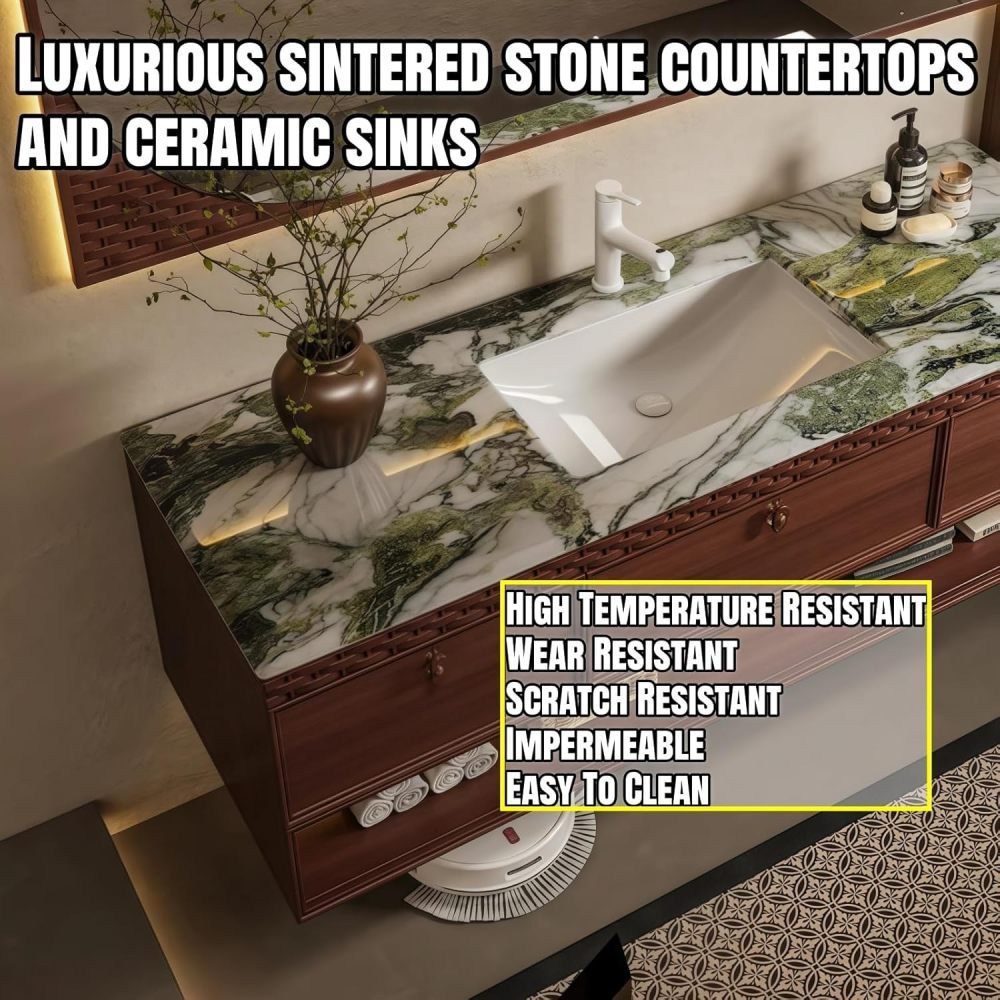 92" Bathroom Vanity with Sink - Modern Bathroom Vanities with Smart Anti-Fog Mirror, Sintered Stone Countertop, Multi-Layer Solid Wood Bathroom Storage Cabinet, Floating Vanity Set,Wood Color