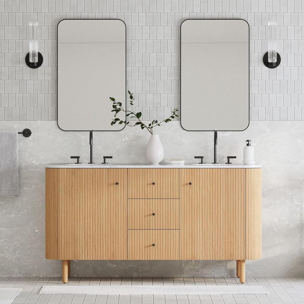 94IN Bathroom Vanity - Modern Bathroom Vanity with Anti-Fog Mirror Cabinet, One-Touch Defog & Lighting, Solid Wood Sink Cabinet with 3 Drawers & 2 Doors, No Assembly Required, Wood