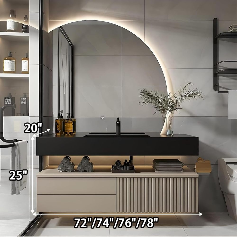 74IN Double Sink Bathroom Vanity - Modern Bathroom Vanity with Smart Defog Mirror, Floating Sink Cabinet with 3 Drawers, Complete Accessories, No Assembly Required, Khaki