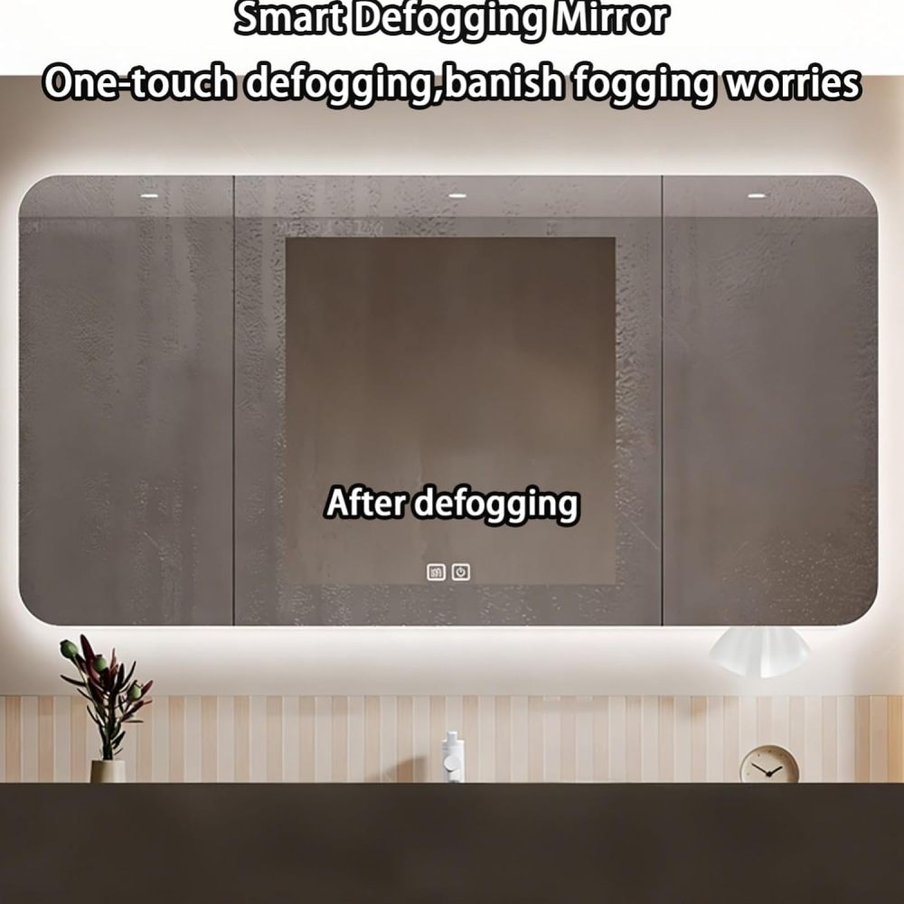 98IN Bathroom Vanity - Modern Bathroom Vanity with Anti-Fog Mirror Cabinet, One-Touch Defog & Lighting, Floating Sink Cabinet with 6 Drawers, No Assembly Required, Khaki