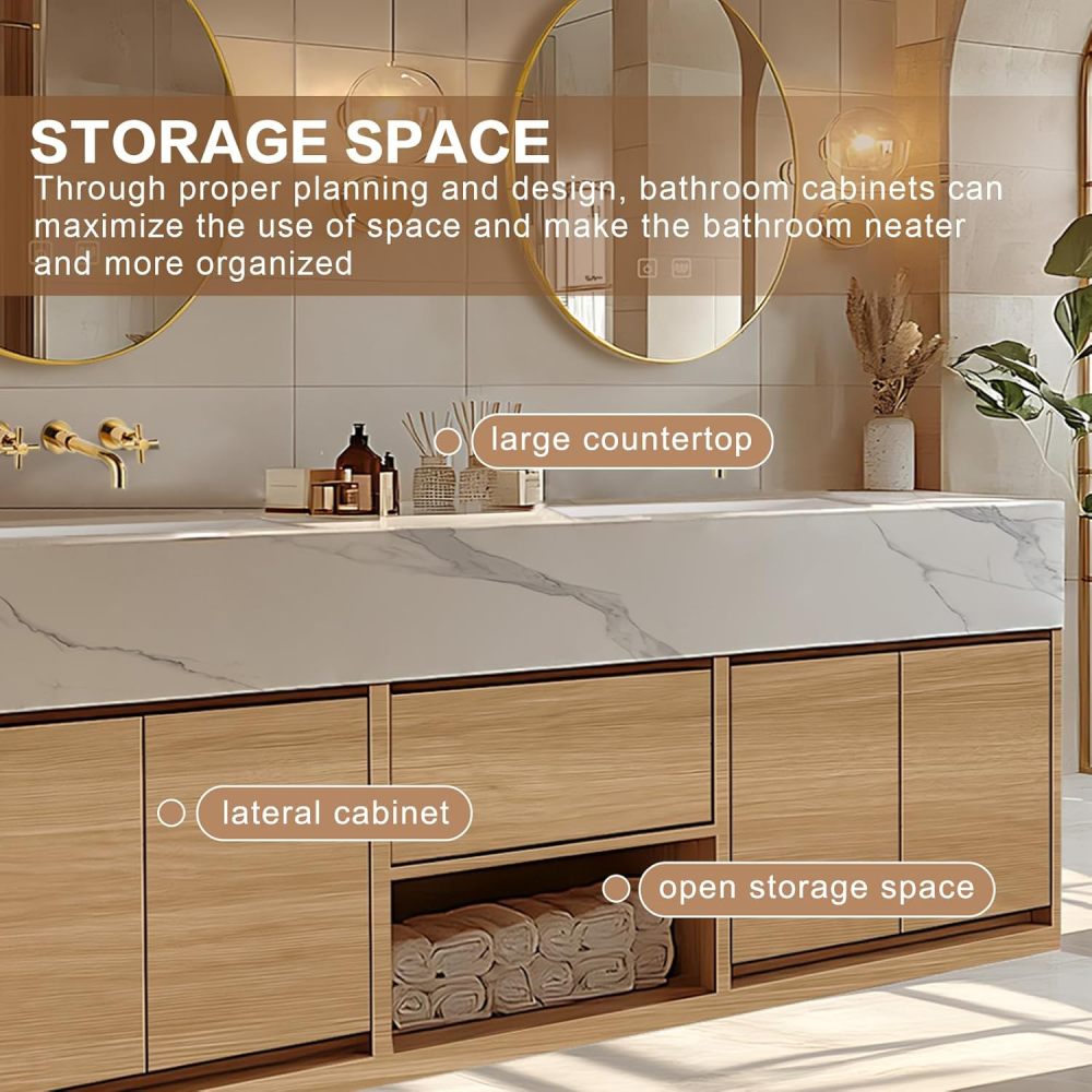Bathroom Vanity - Modern Bathroom Vanity with Double Sinks Includes Log Style Surface & Symmetrical Cabinets|Log Country Style,Hidden Handle,LED Smart Defog Mirror(72IN)