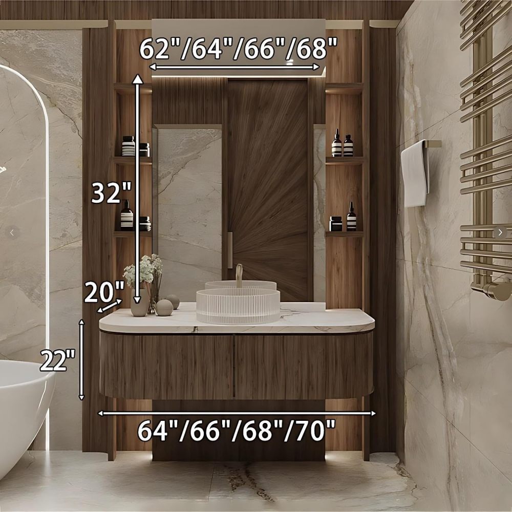 68IN Bathroom Vanity - Solid Wood Bathroom Vanity with Smart Defog Mirror, Floating Sink Cabinet with 2 Drawers & Seamless Sink, No Assembly Required, Wood Mirror