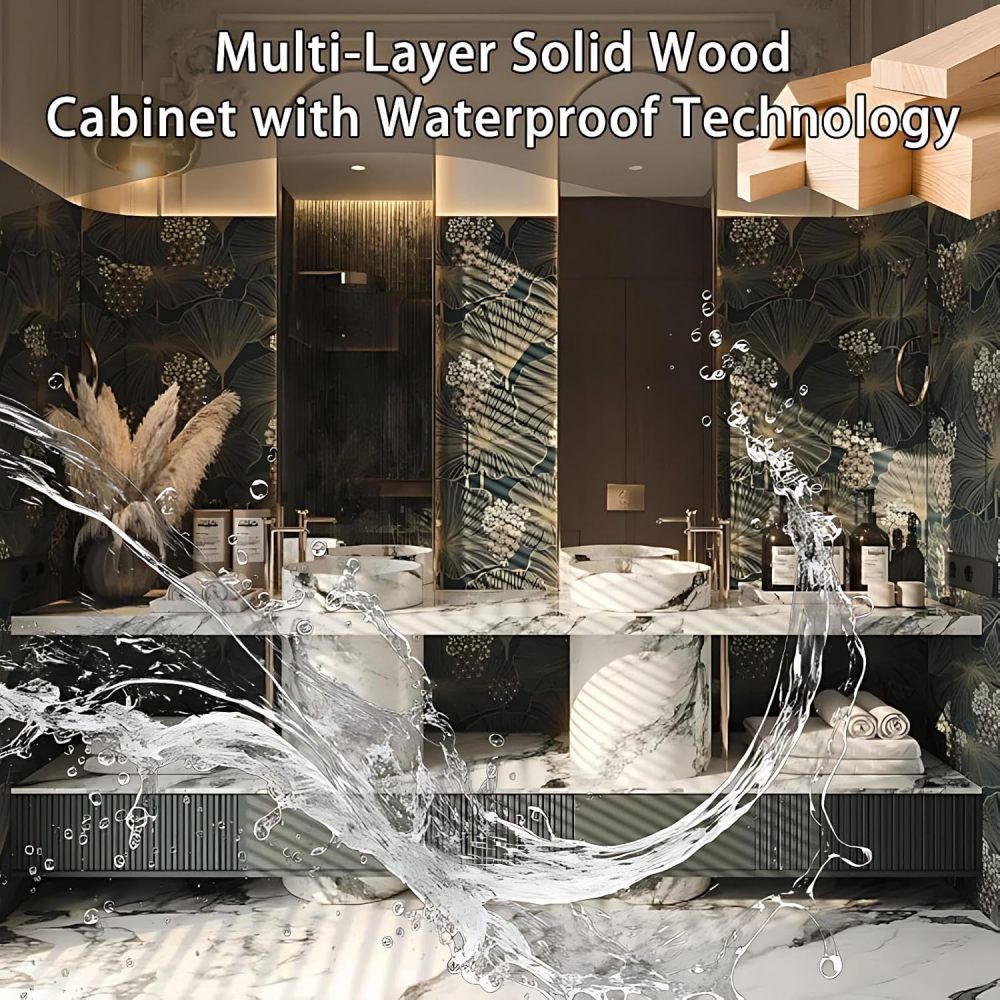96IN Double Sink Bathroom Vanity - Luxury Floating Bathroom Vanity with Smart Defog Mirror, Modern Bathroom Sink Cabinet with Multiple Storage Areas, No Assembly Required, Grey