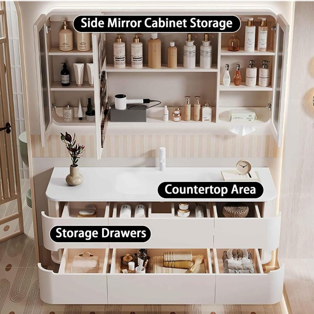 98IN Bathroom Vanity - Modern Bathroom Vanity with Anti-Fog Mirror Cabinet, One-Touch Defog & Lighting, Floating Sink Cabinet with 6 Drawers, No Assembly Required, Khaki