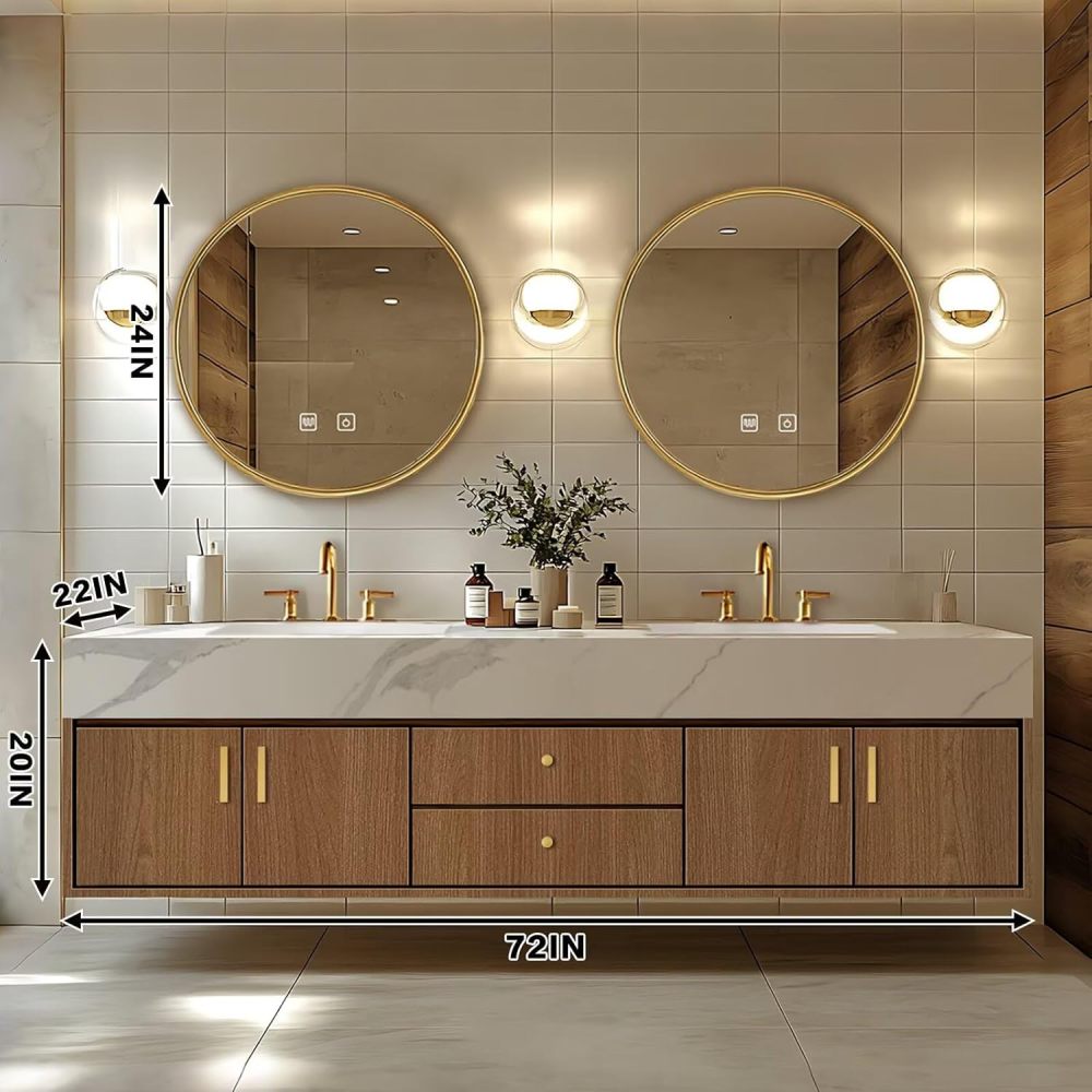 Bathroom Vanity - Floating Bathroom Vanity with Double Sinks Includes Natural Wood Texture Cabinets|Modern Log Style,Round Smart Round Mirror(72IN)
