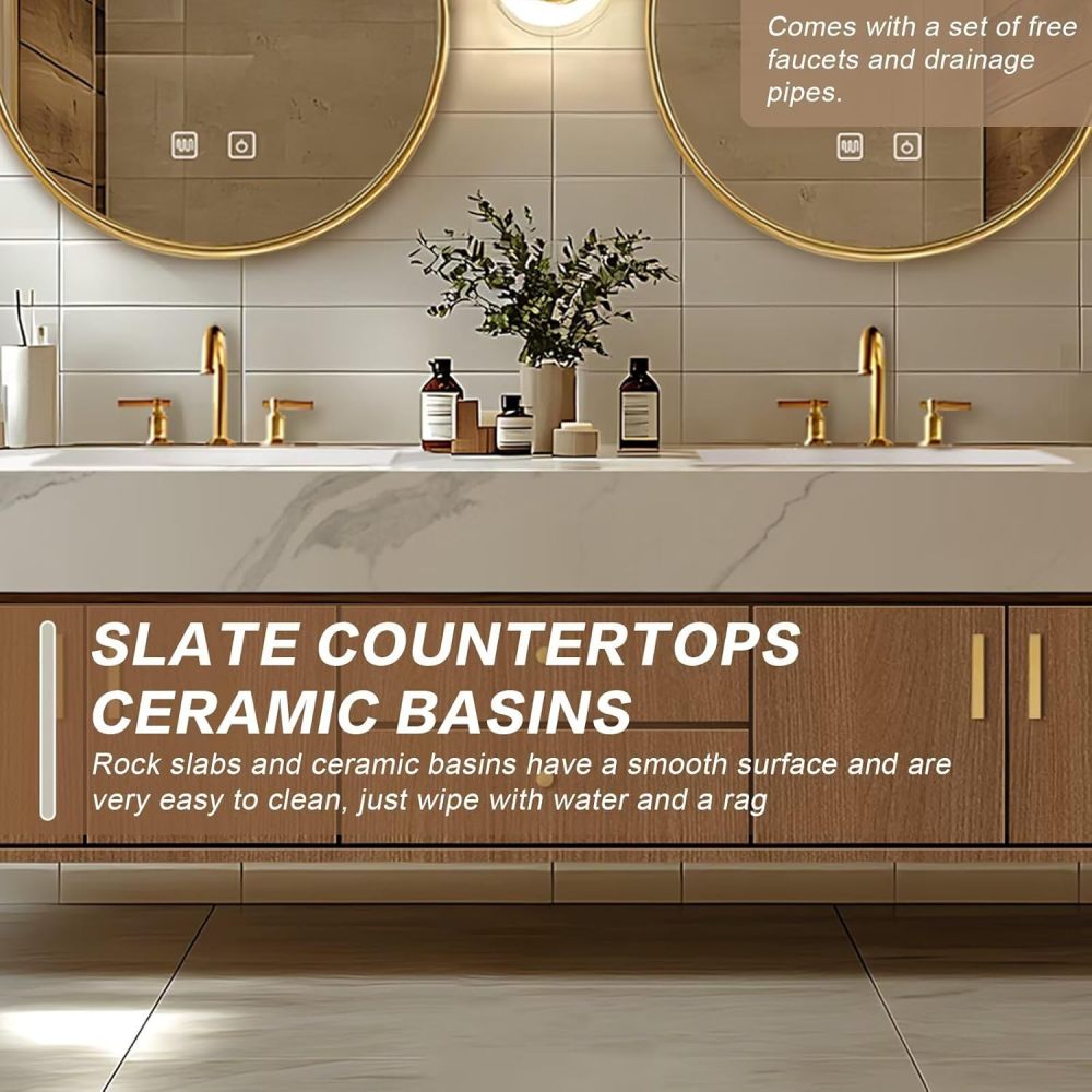 Bathroom Vanity - Floating Bathroom Vanity with Double Sinks Includes Natural Wood Texture Cabinets|Modern Log Style,Round Smart Round Mirror(72IN)