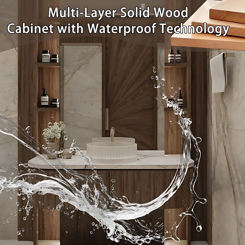 68IN Bathroom Vanity - Solid Wood Bathroom Vanity with Smart Defog Mirror, Floating Sink Cabinet with 2 Drawers & Seamless Sink, No Assembly Required, Wood Mirror