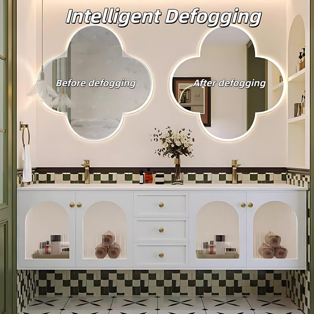 68 inch Double Sink Bathroom Vanity - Wall-Mounted Bathroom Vanity Cabinet with Anti-Fog Mirror, Seamless Basin, Unique Mirror Shape, Solid Wood, Fully Assembled, White