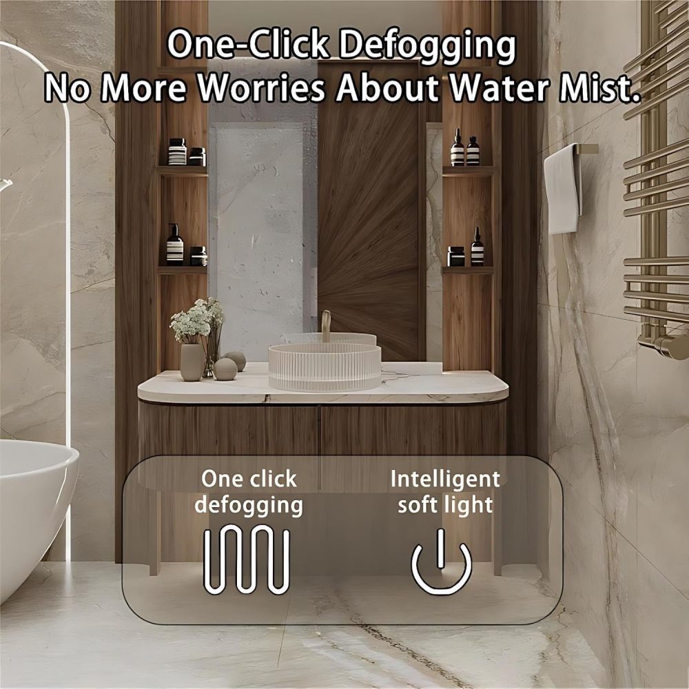 68IN Bathroom Vanity - Solid Wood Bathroom Vanity with Smart Defog Mirror, Floating Sink Cabinet with 2 Drawers & Seamless Sink, No Assembly Required, Wood Mirror