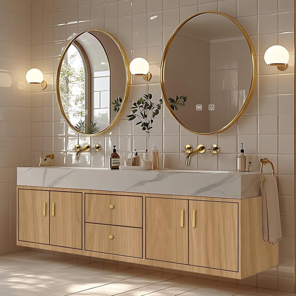 High QLQ Bathroom Vanity – Wall-Mounted Bathroom Vanity with Integrated Double Sinks Includes Symmetrical Solid Wood Cabinet, Double Drawers, Multi-Functional Mirrors (76IN)