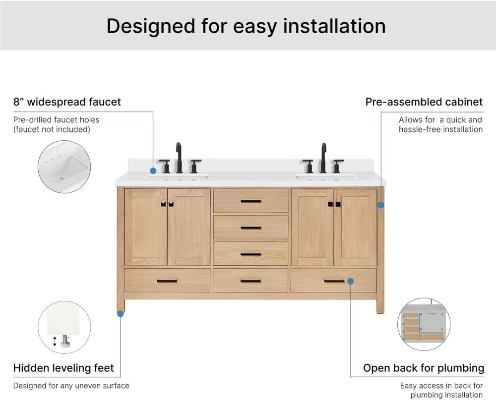 ARIEL Double Bathroom Vanity 73 inch White Oak with Rectangle Sink, 1.5 inch Edge Pure White Quartz Countertop & Backsplash, 4 Soft Closing Doors, 6 Full Extension Dovetail Drawers, Matte Black