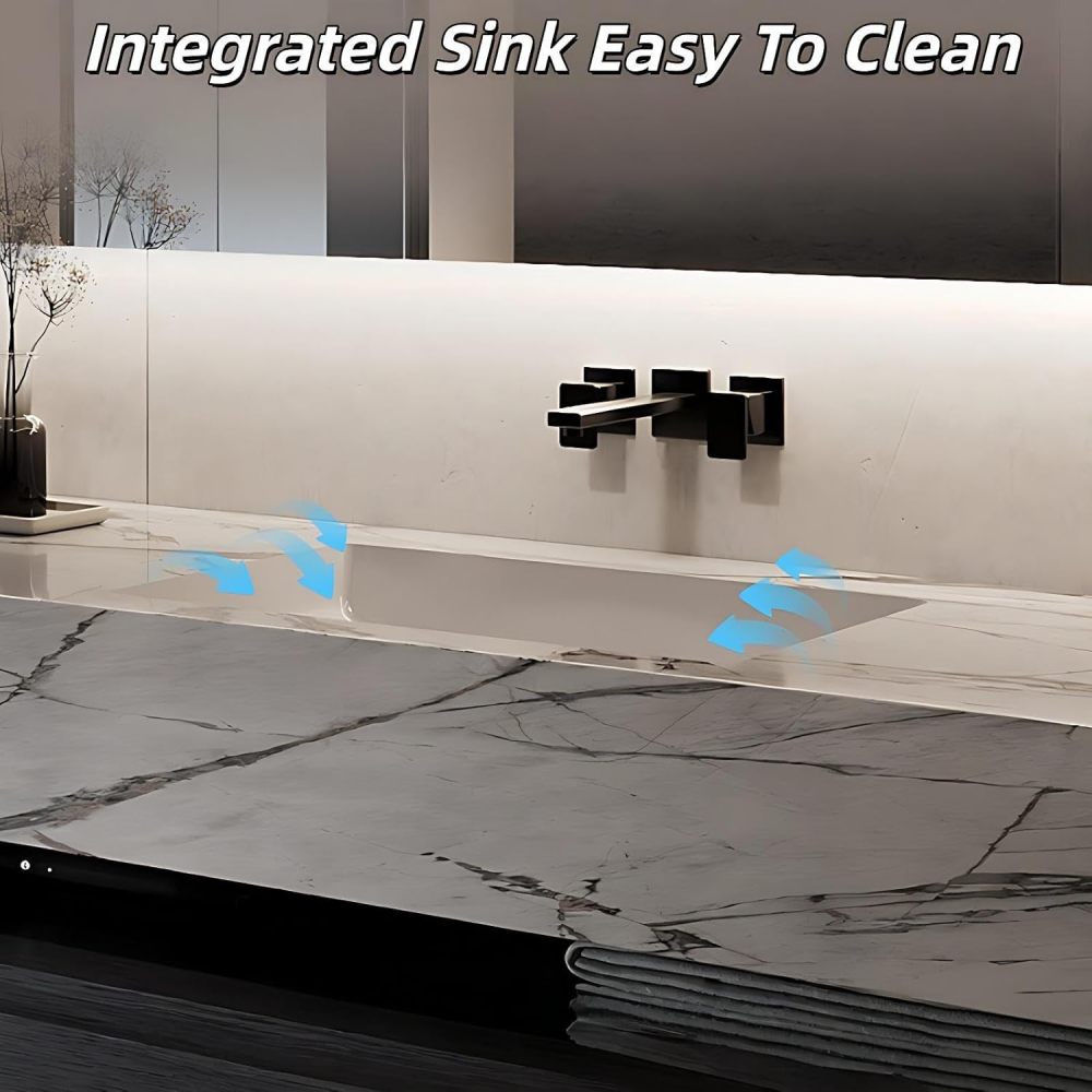 54 inch Double Sink Bathroom Vanity - Wall Mounted Modern Bathroom Vanity with Anti-Fog Mirror Cabinet & 3 Drawers, Seamless One-Piece Marble Countertop, Fully Assembled, Wood Color