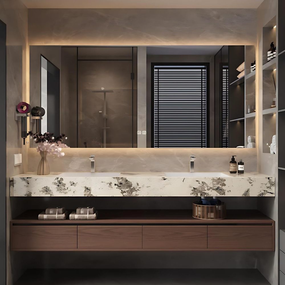 84 inch Double Sink Bathroom Vanity - Luxury Floating Bathroom Vanity with Anti-Fog Mirror Cabinet & 4 Drawers, One-Piece Marble Countertop, Solid Wood, Fully Assembled, Wood