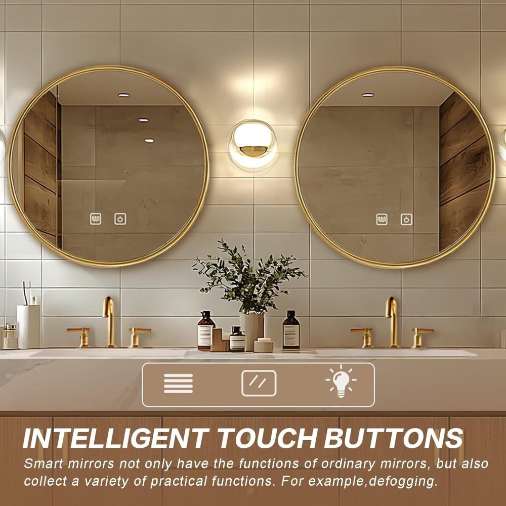 Bathroom Vanity - Floating Bathroom Vanity with Double Sinks Includes Natural Wood Texture Cabinets|Modern Log Style,Round Smart Round Mirror(72IN)