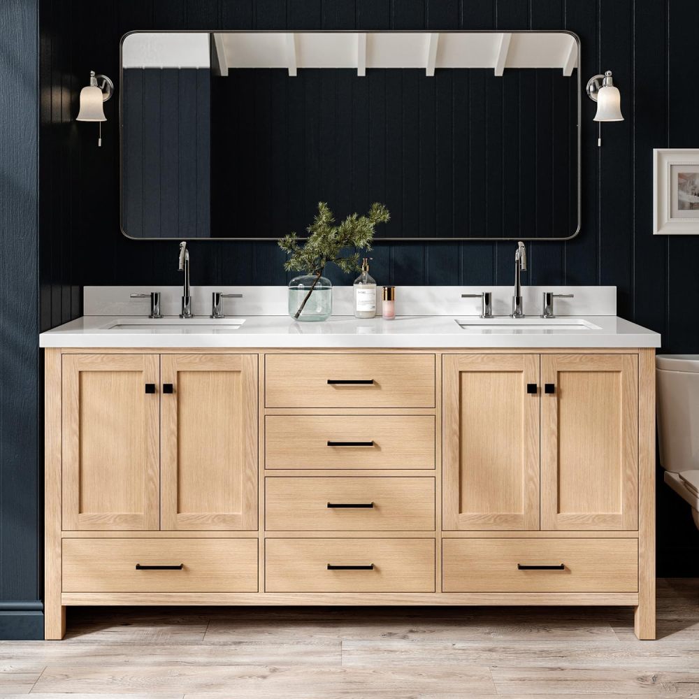 ARIEL Double Bathroom Vanity 73 inch White Oak with Rectangle Sink, 1.5 inch Edge Pure White Quartz Countertop & Backsplash, 4 Soft Closing Doors, 6 Full Extension Dovetail Drawers, Matte Black