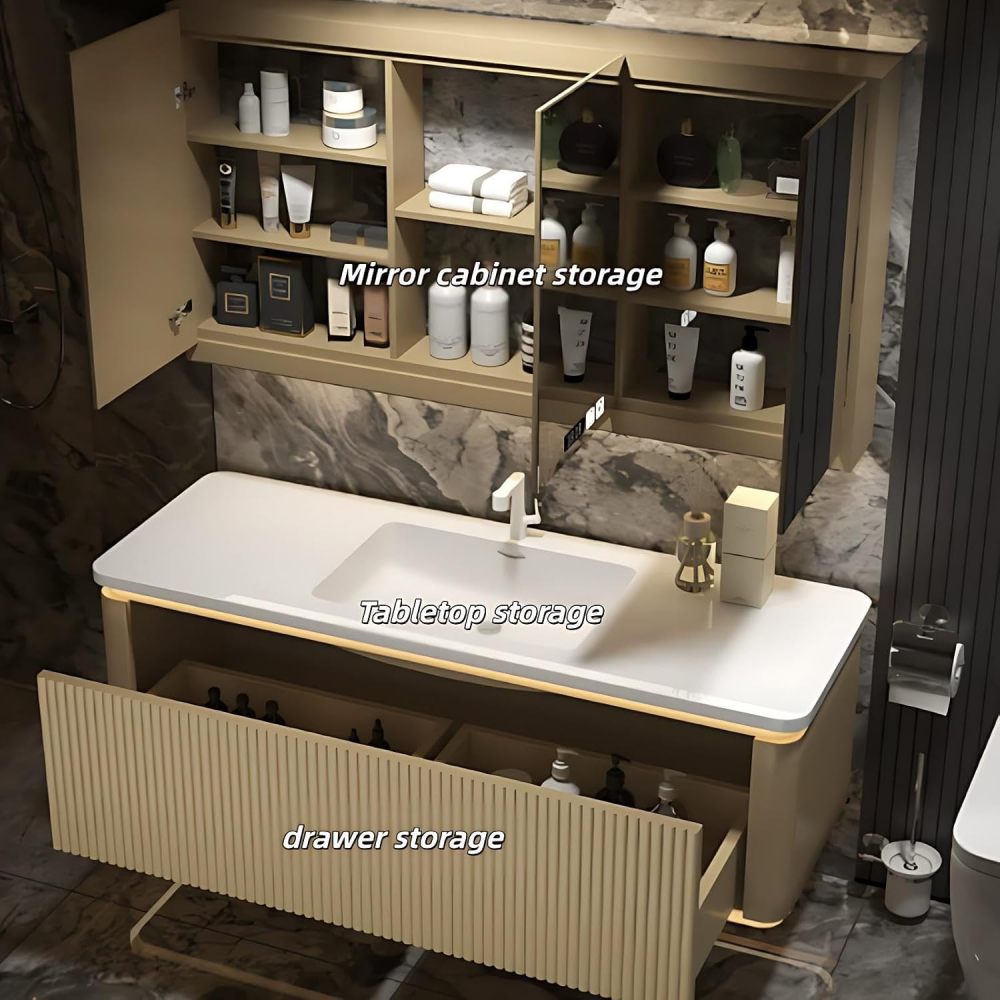 46 inch Bathroom Vanity with Sink - Wall-Mounted Bathroom Vanity with Defogging Mirror & Storage Drawers, Floating Design, Integrated Countertop, Smart Sensor Light, Fully Assembled, Gold