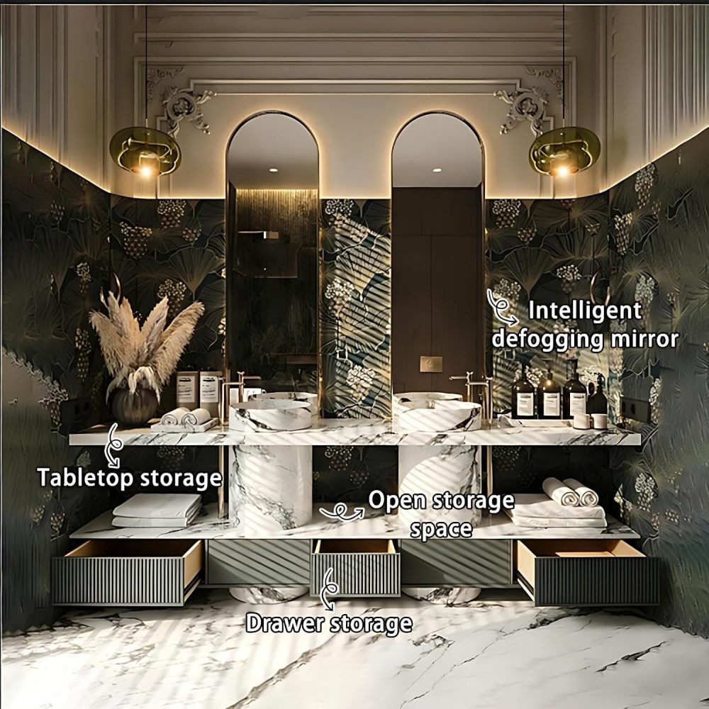 96IN Double Sink Bathroom Vanity - Luxury Floating Bathroom Vanity with Smart Defog Mirror, Modern Bathroom Sink Cabinet with Multiple Storage Areas, No Assembly Required, Grey