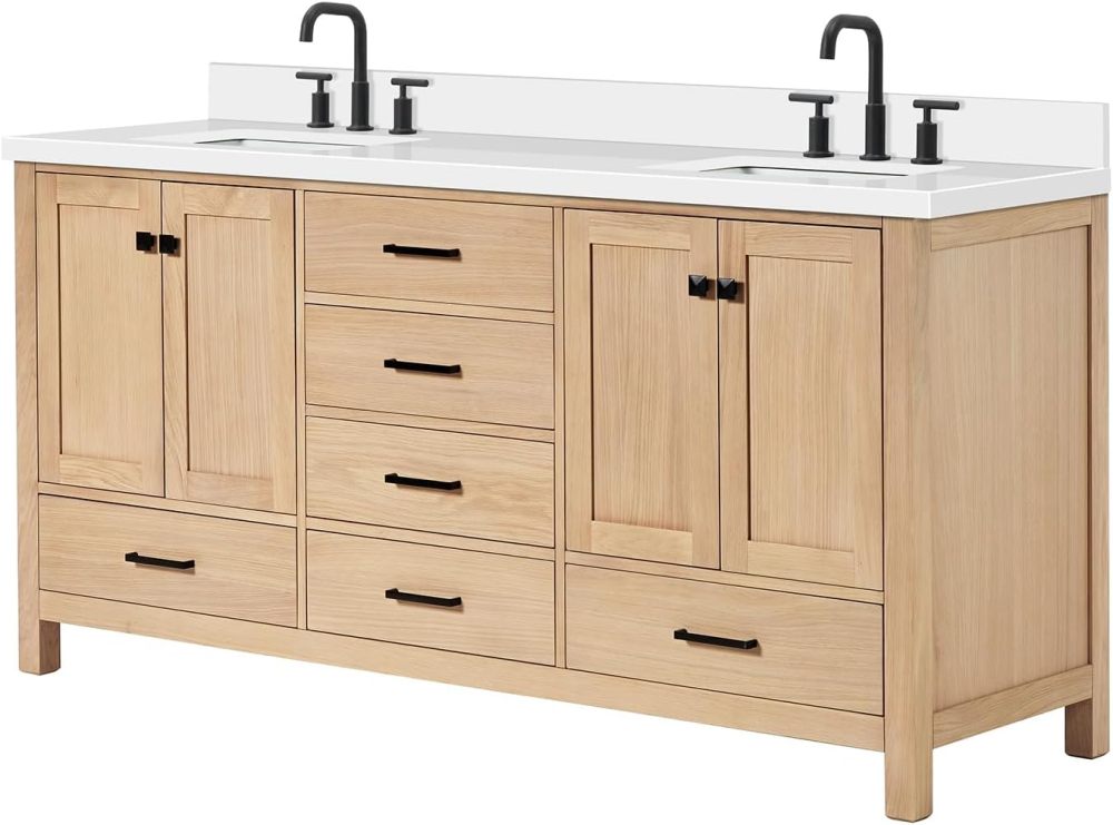 ARIEL Double Bathroom Vanity 73 inch White Oak with Rectangle Sink, 1.5 inch Edge Pure White Quartz Countertop & Backsplash, 4 Soft Closing Doors, 6 Full Extension Dovetail Drawers, Matte Black