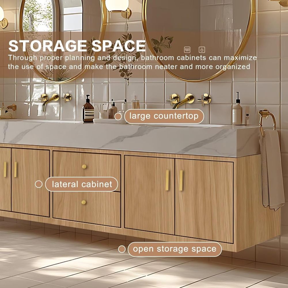 High QLQ Bathroom Vanity – Wall-Mounted Bathroom Vanity with Integrated Double Sinks Includes Symmetrical Solid Wood Cabinet, Double Drawers, Multi-Functional Mirrors (76IN)