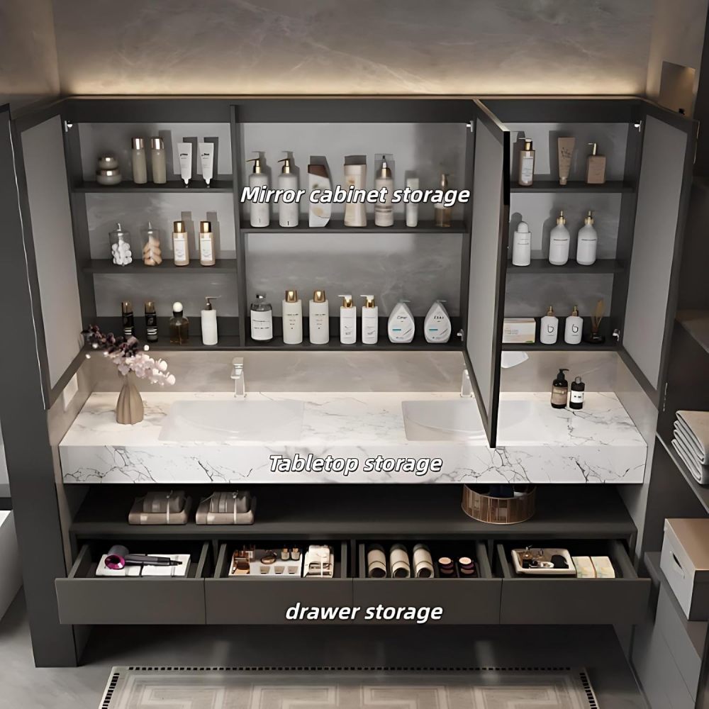 84 inch Double Sink Bathroom Vanity - Luxury Floating Bathroom Vanity with Anti-Fog Mirror Cabinet & 4 Drawers, One-Piece Marble Countertop, Solid Wood, Fully Assembled, Wood