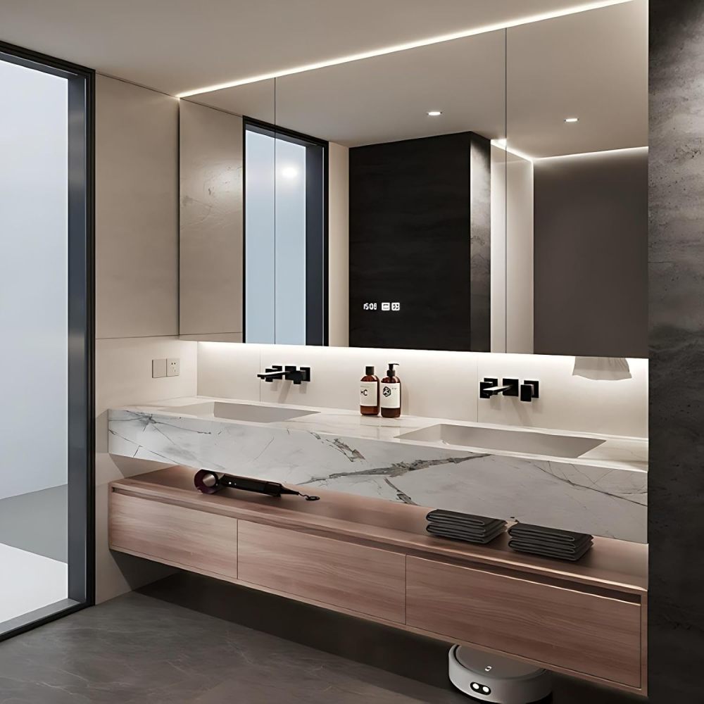 54 inch Double Sink Bathroom Vanity - Wall Mounted Modern Bathroom Vanity with Anti-Fog Mirror Cabinet & 3 Drawers, Seamless One-Piece Marble Countertop, Fully Assembled, Wood Color