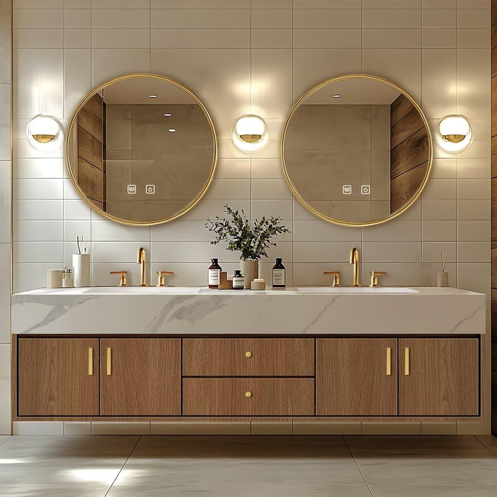 Bathroom Vanity - Floating Bathroom Vanity with Double Sinks Includes Natural Wood Texture Cabinets|Modern Log Style,Round Smart Round Mirror(72IN)