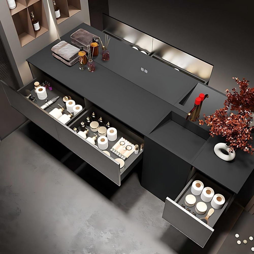 62IN Double Sink Bathroom Vanity - Modern Bathroom Vanity with Smart Defog Mirror, One-Touch Defog & Lighting, Stylish Sink Cabinet with 3 Drawers, No Assembly Required,Black