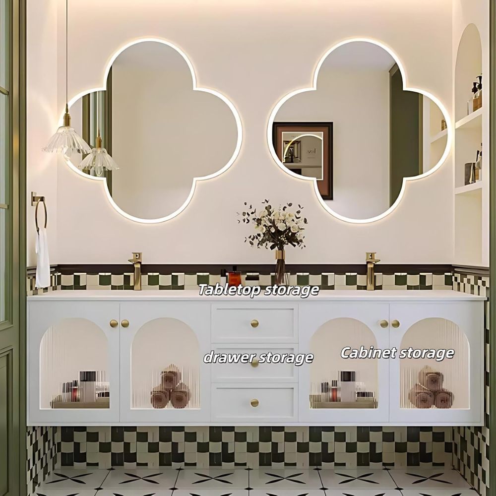 68 inch Double Sink Bathroom Vanity - Wall-Mounted Bathroom Vanity Cabinet with Anti-Fog Mirror, Seamless Basin, Unique Mirror Shape, Solid Wood, Fully Assembled, White