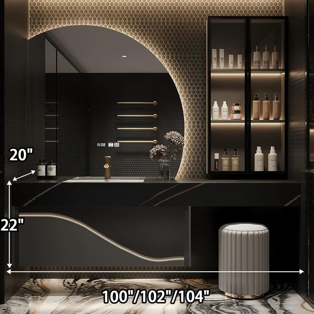 102IN Double Sink Bathroom Vanity - Luxury Bathroom Vanity with Smart Defog Mirror & 2 Drawers, One-Touch Defog, Floating Sink Cabinet with Storage, No Assembly Required, Black