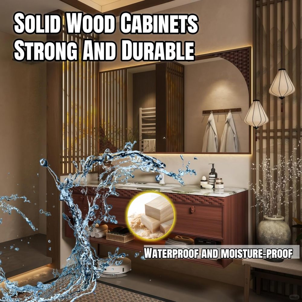 92" Bathroom Vanity with Sink - Modern Bathroom Vanities with Smart Anti-Fog Mirror, Sintered Stone Countertop, Multi-Layer Solid Wood Bathroom Storage Cabinet, Floating Vanity Set,Wood Color