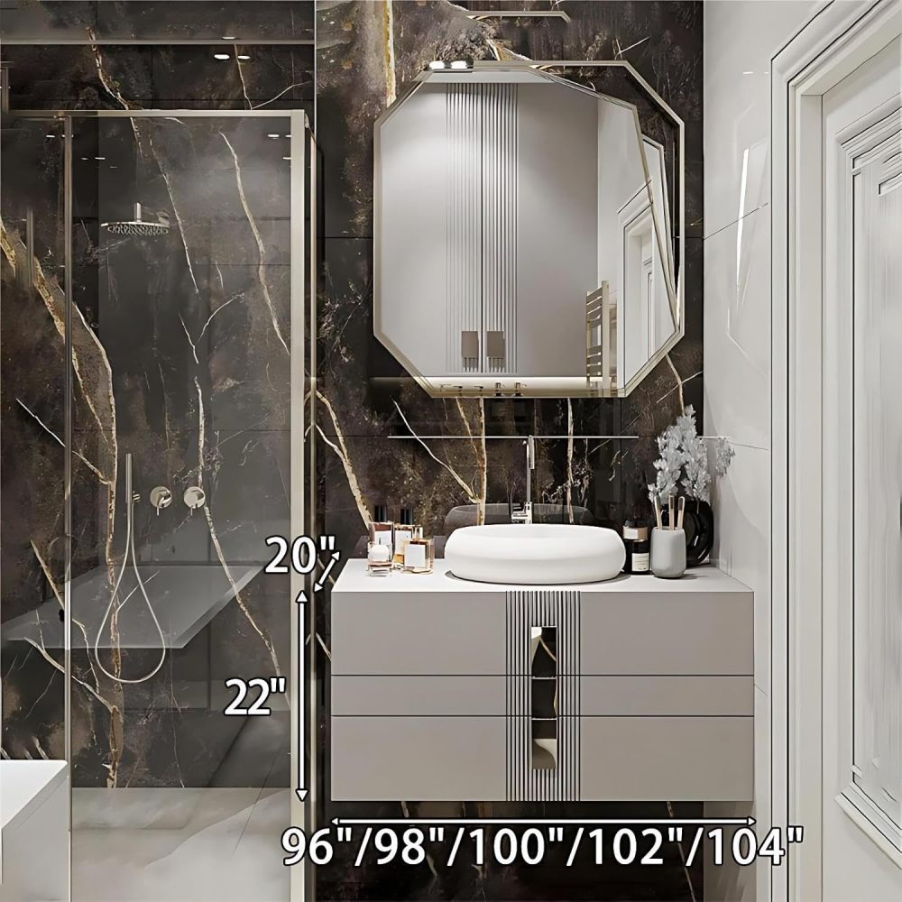 104IN Bathroom Vanity - Modern Bathroom Vanity with Smart Defog Mirror & 3 Drawers, One-Touch Defog & Lighting, Floating Sink Cabinet with Seamless Sink, No Assembly Required, Grey - Mirror
