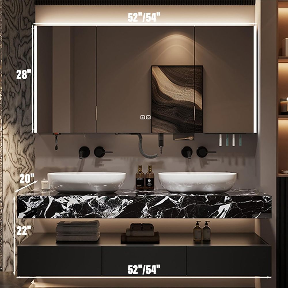54IN Double Bathroom Vanity with Sink - Floating Bathroom Vanity Set | Includes LED Smart Defogging Mirror Cabinet & 2 Tabletop Ceramic Watercolor Stands | Multi-Layer Solid Wood Material