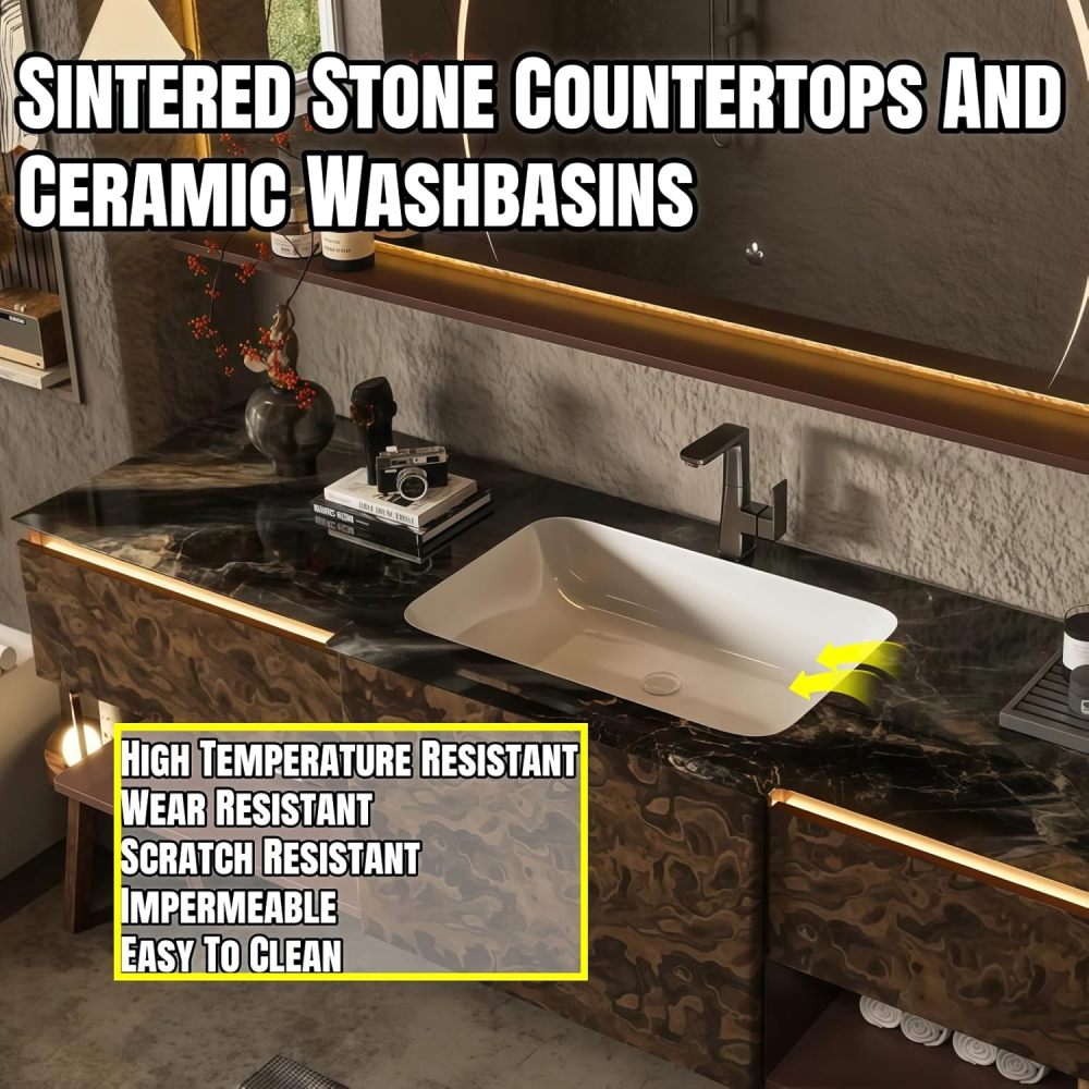 92" Bathroom Vanity with Sink - Luxury Bathroom Vanities Featuring Smart Anti-Fog Mirror, Multi-Layer Solid Wood Bathroom Storage Cabinet, Large Capacity Floating Vanity Set,Wood Grain Color