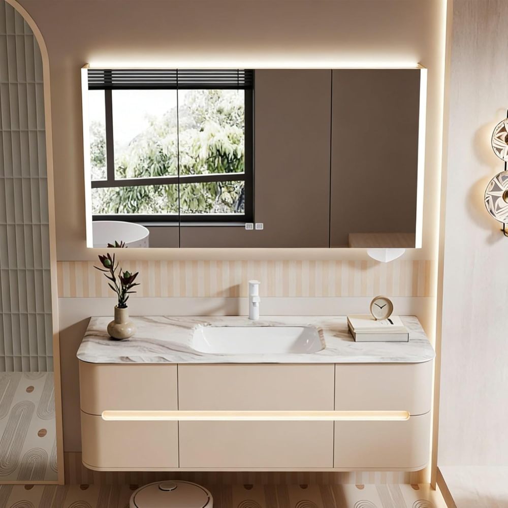 98IN Bathroom Vanity - Modern Bathroom Vanity with Anti-Fog Mirror Cabinet, One-Touch Defog & Lighting, Floating Sink Cabinet with 6 Drawers, No Assembly Required, Khaki