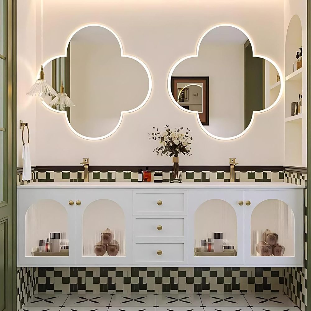 68 inch Double Sink Bathroom Vanity - Wall-Mounted Bathroom Vanity Cabinet with Anti-Fog Mirror, Seamless Basin, Unique Mirror Shape, Solid Wood, Fully Assembled, White