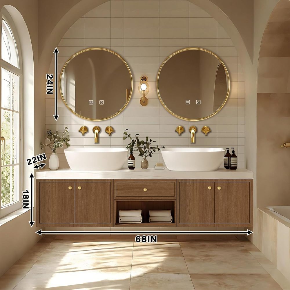 Bathroom Vanity - Floating Bathroom Vanity with Above Counter Double Sinks Includes Brown Wall Mounted Storage Cabinet, Smart Defog Mirrors(68IN)