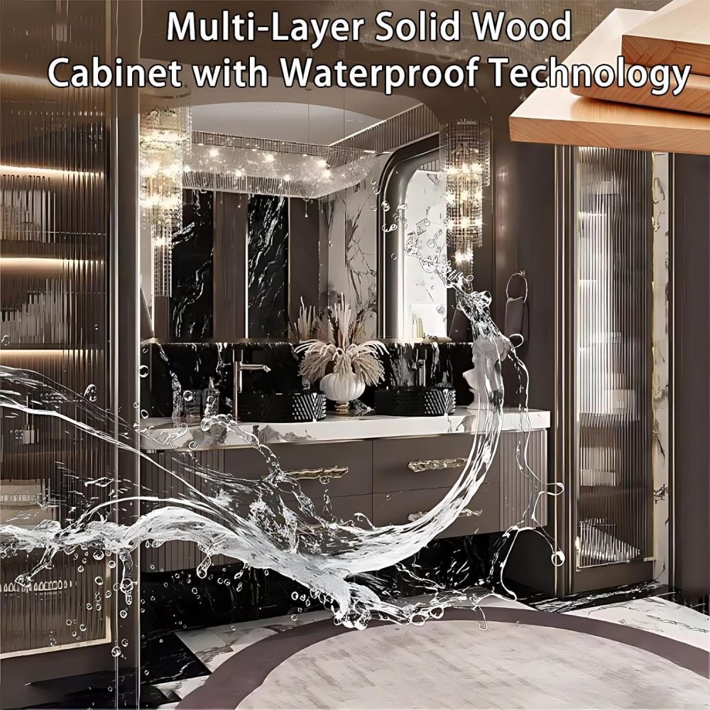 90IN Double Sink Bathroom Vanity - Luxury Bathroom Vanity with Smart Defog Mirror, One-Touch Defog & Lighting, Modern Bathroom Sink Cabinet with 4 Drawers, No Assembly Required, Brown Mirror