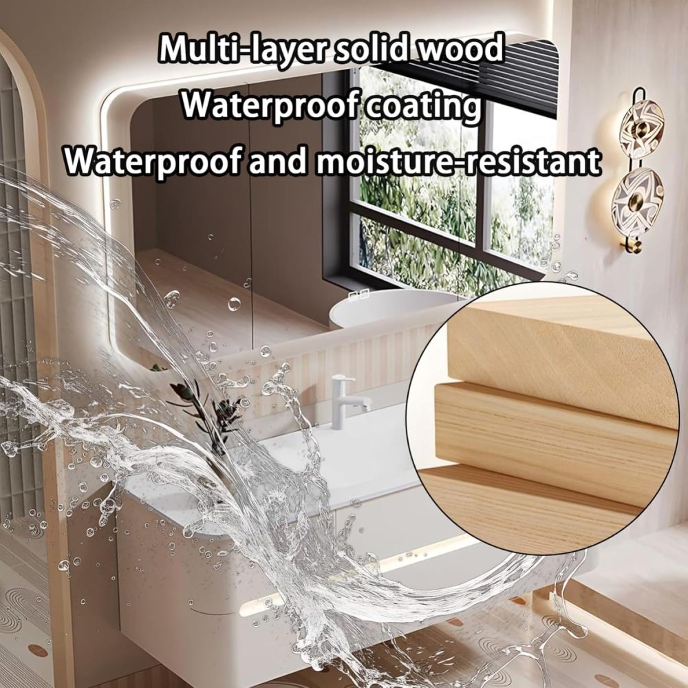 98IN Bathroom Vanity - Modern Bathroom Vanity with Anti-Fog Mirror Cabinet, One-Touch Defog & Lighting, Floating Sink Cabinet with 6 Drawers, No Assembly Required, Khaki