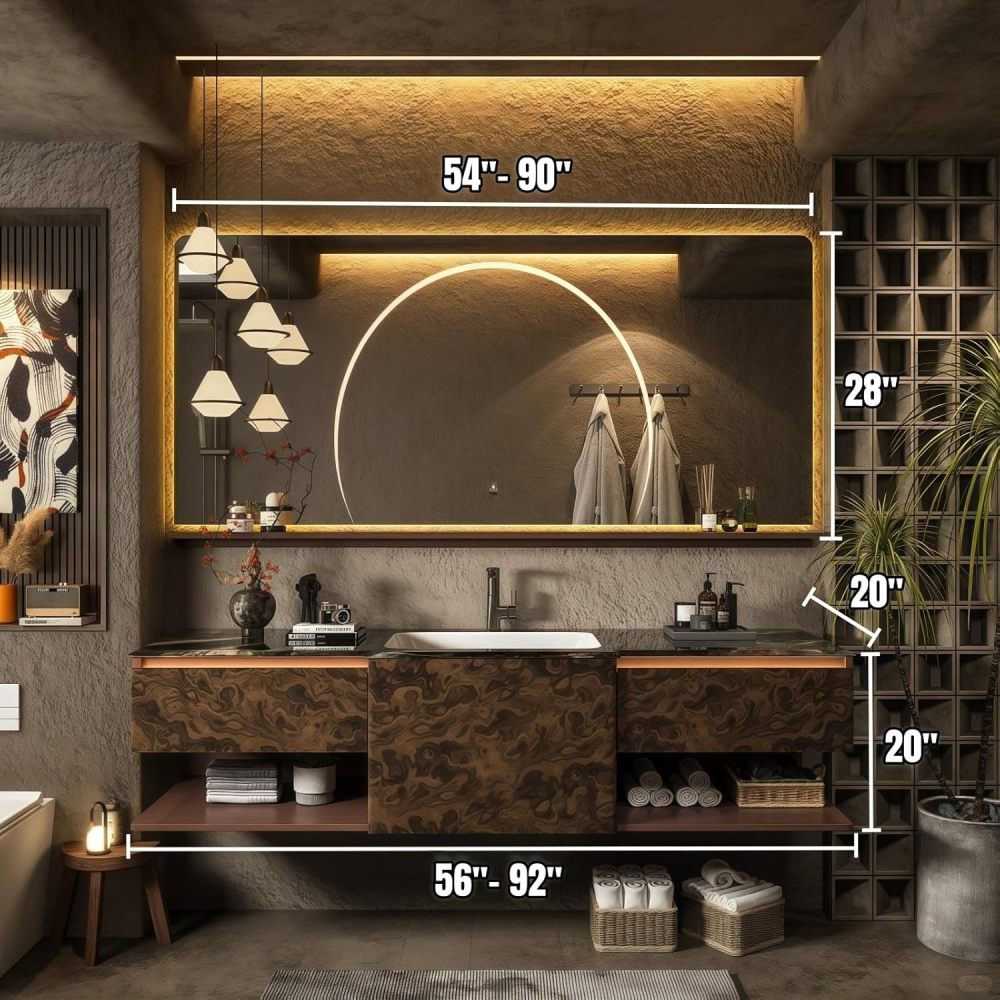 92" Bathroom Vanity with Sink - Luxury Bathroom Vanities Featuring Smart Anti-Fog Mirror, Multi-Layer Solid Wood Bathroom Storage Cabinet, Large Capacity Floating Vanity Set,Wood Grain Color