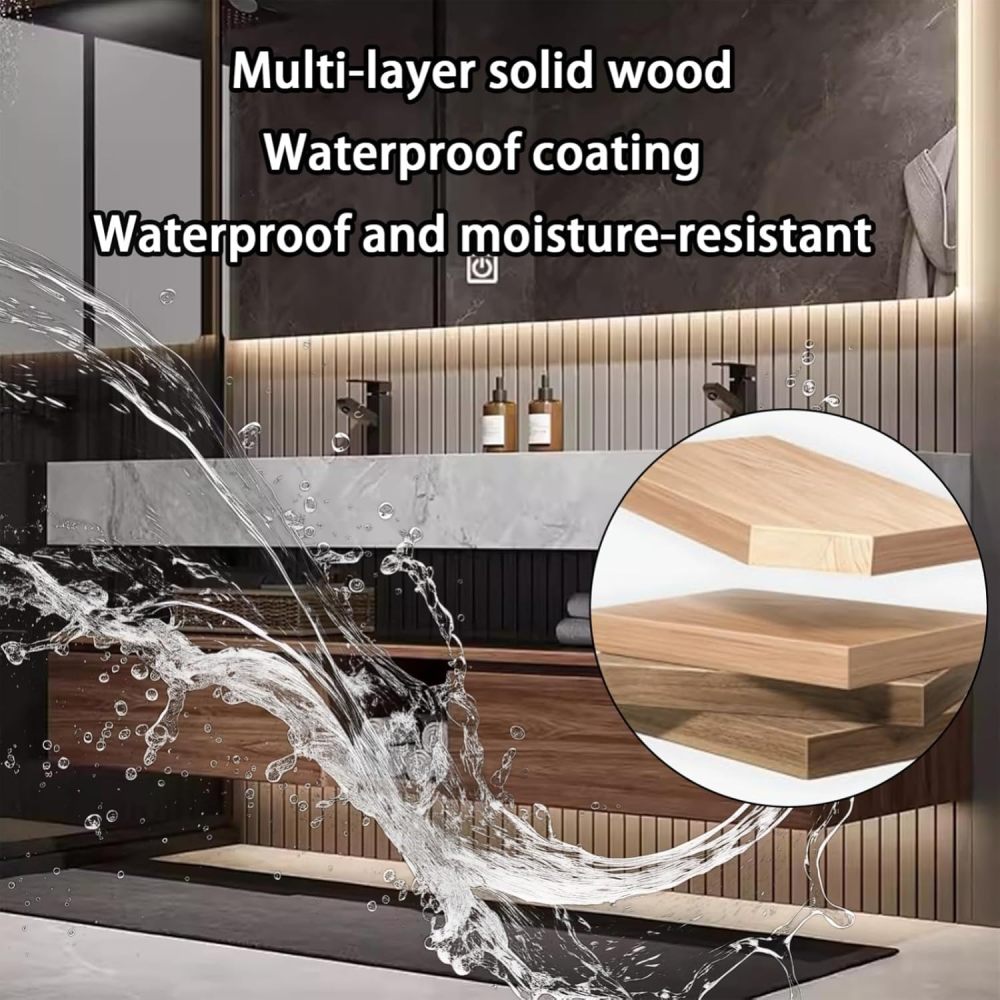 66IN Bathroom Vanity - Solid Wood Bathroom Vanity with Anti-Fog Mirror Cabinet, One-Touch Defog & Lighting, Floating Sink Cabinet with 2 Drawers, No Assembly Required,Wood