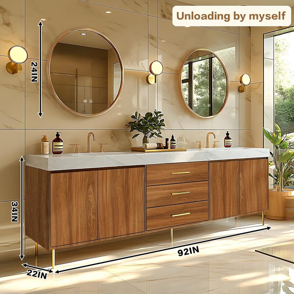 Bathroom Vanity - Retro Bathroom Vanity with Double Sinks Includes Symmetrical Cabinet & Round Mirror|Log Style,Exquisite Handle,LED Smart Defog Mirror(92IN)